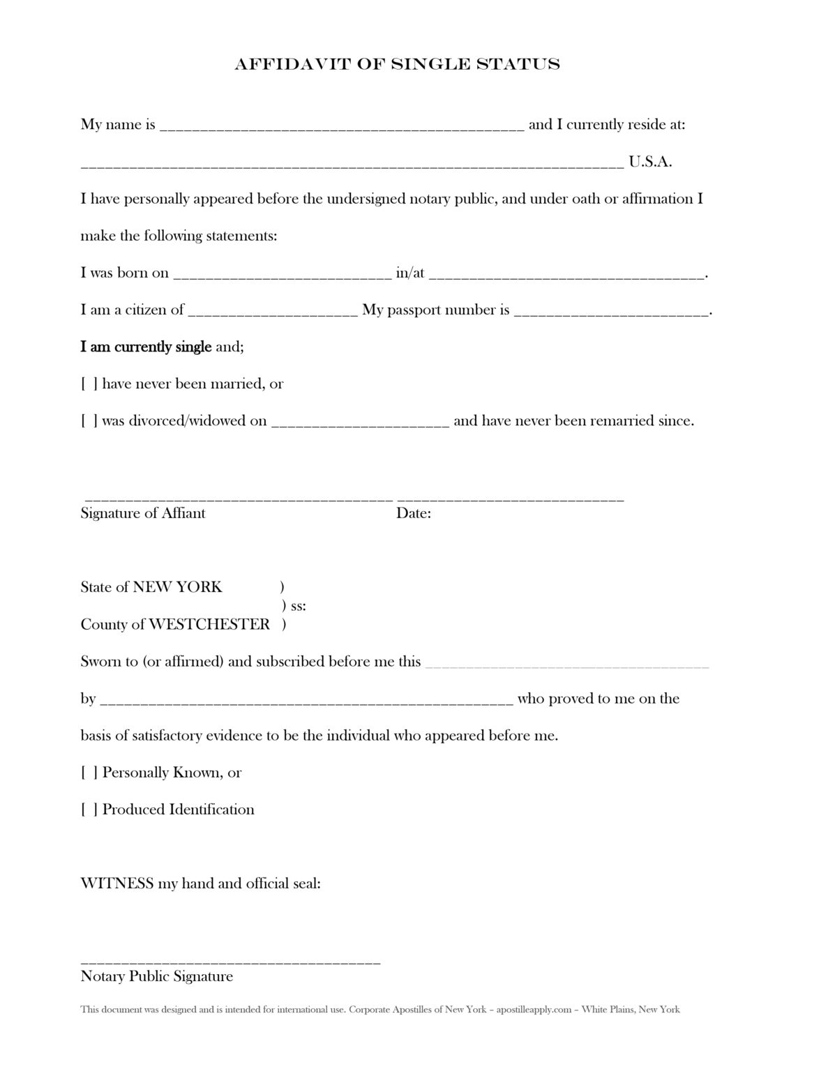 Affidavit Of Single Status White Plains Apostille Mobile Notary