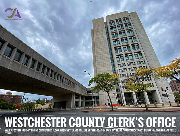 Your first stop for Apostille is to have your document notarized and authenticated at the Westchester County Clerk's office in Whie Plains.