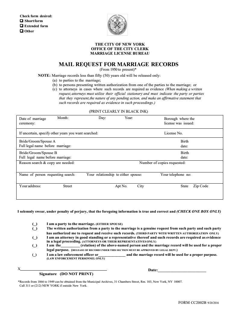 NYC MARRIAGE LICENSE COPY REQUEST FORM